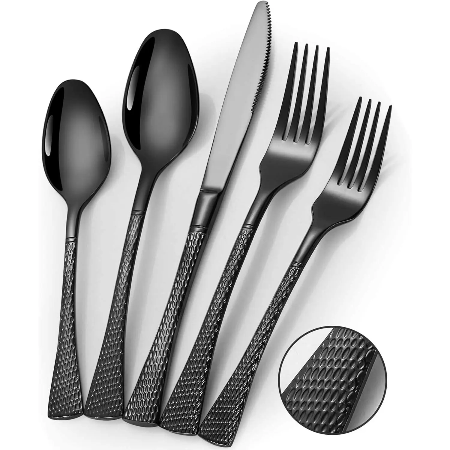 Hammered Black 20 Piece Modern Silverware Set Service for 4 Mirror Polished Stainless Steel Cutlery Includes Kitchen Knives Forks Spoons Dishwasher Safe