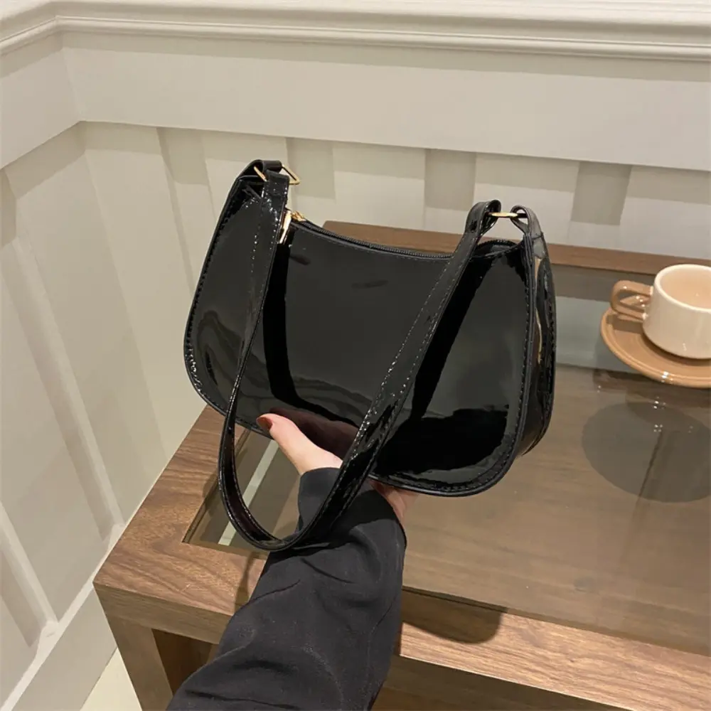 Women's Glossy Patent Leather Mini Hobo Bag - Adjustable Wide Strap, Zipper Closure, Minimalist Daily Handbag for Women, Underarm Shoulder Bag, Handbags For Women