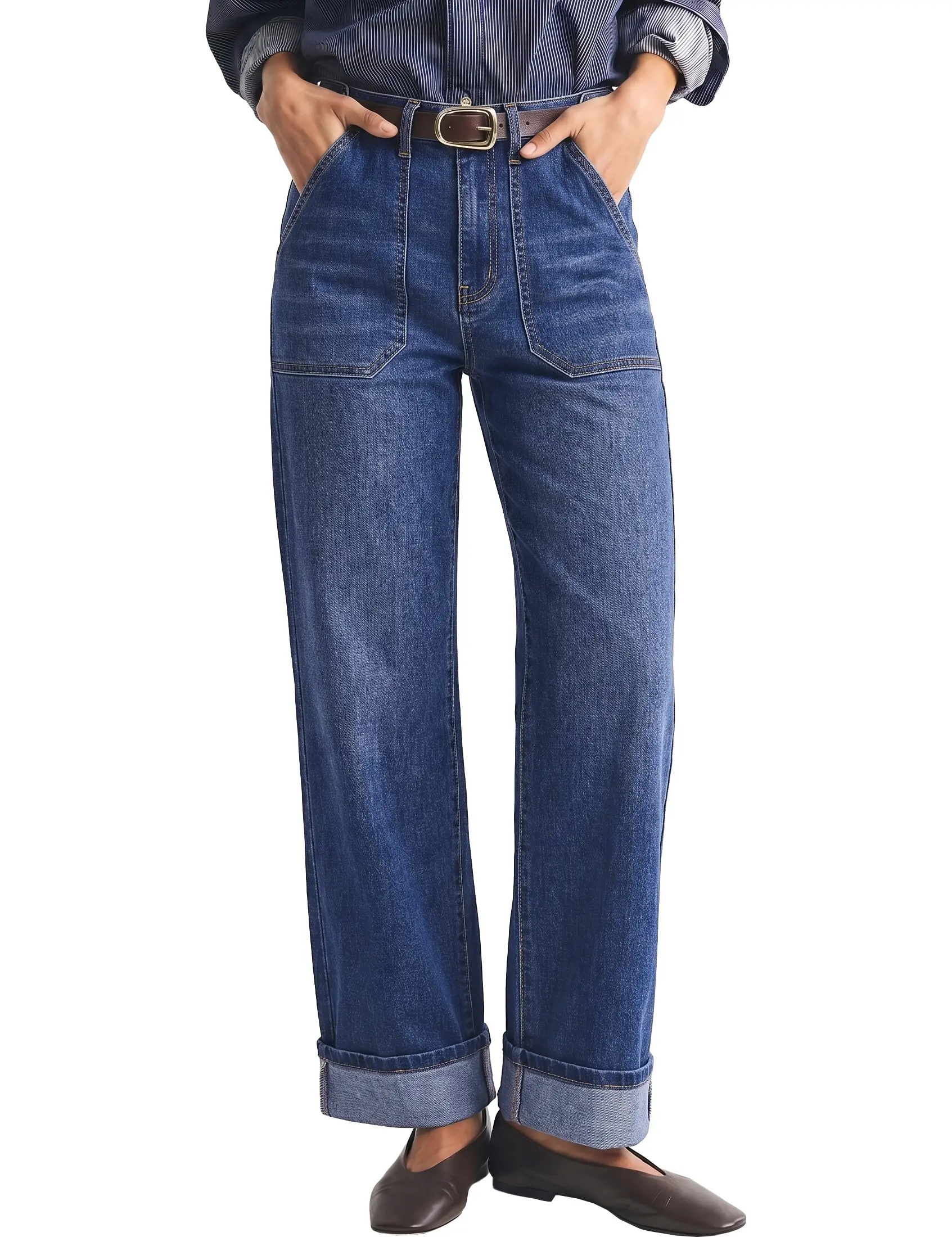 luvamia Straight Leg Jeans for Women Adjust High Waist Denim Pants Cuff Hem | Patch Pocket, Adjustable Waist, Office Casual Outfit, Stretch Soft Denim, Slight Wide Leg, Travel Day Look, Relaxed Daily Fit