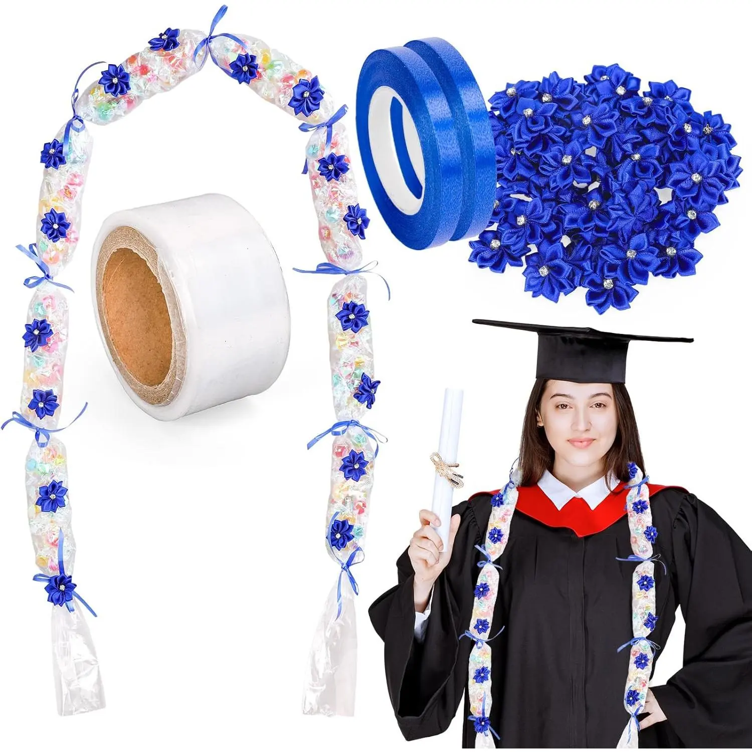 Whaline Graduation Candy Lei Making Kit with Candy Wrap - Blue DIY Wreath, 26.2Ft Tubing Bags, 50 Flower Pieces, 3 Ribbon Rolls, Congrats Grad Necklace for Party Craft Favors