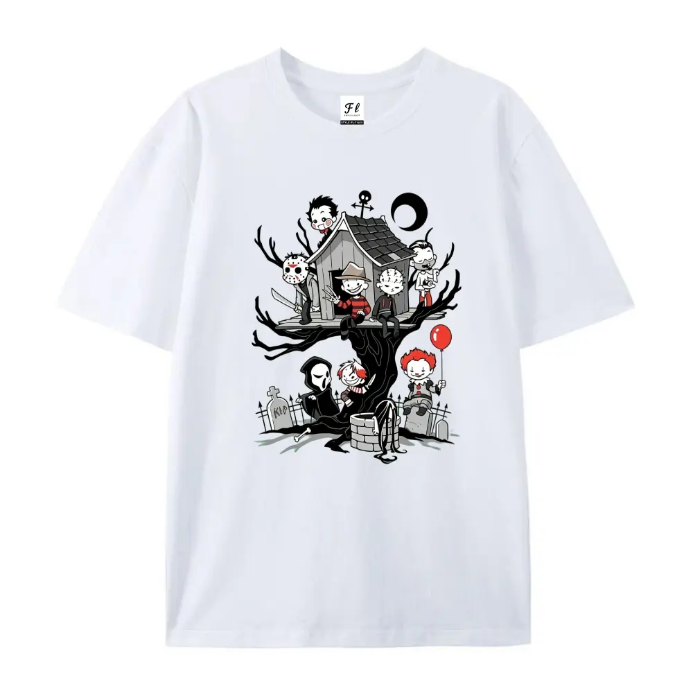 Men's 100% Cotton Crewneck Short-Sleeve Cartoon Horror Characters Treehouse Graphic T-Shirt, Spooky Halloween Creepy Cute Casual Holiday Top, Soft Menswear Tee