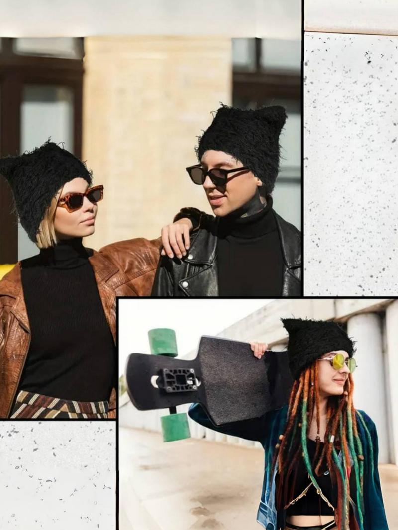 Men's Cat Ear Knit Beanie, Soft & Comfy Winter Hat, Trendy Fall & Winter Fashion for Men & Women