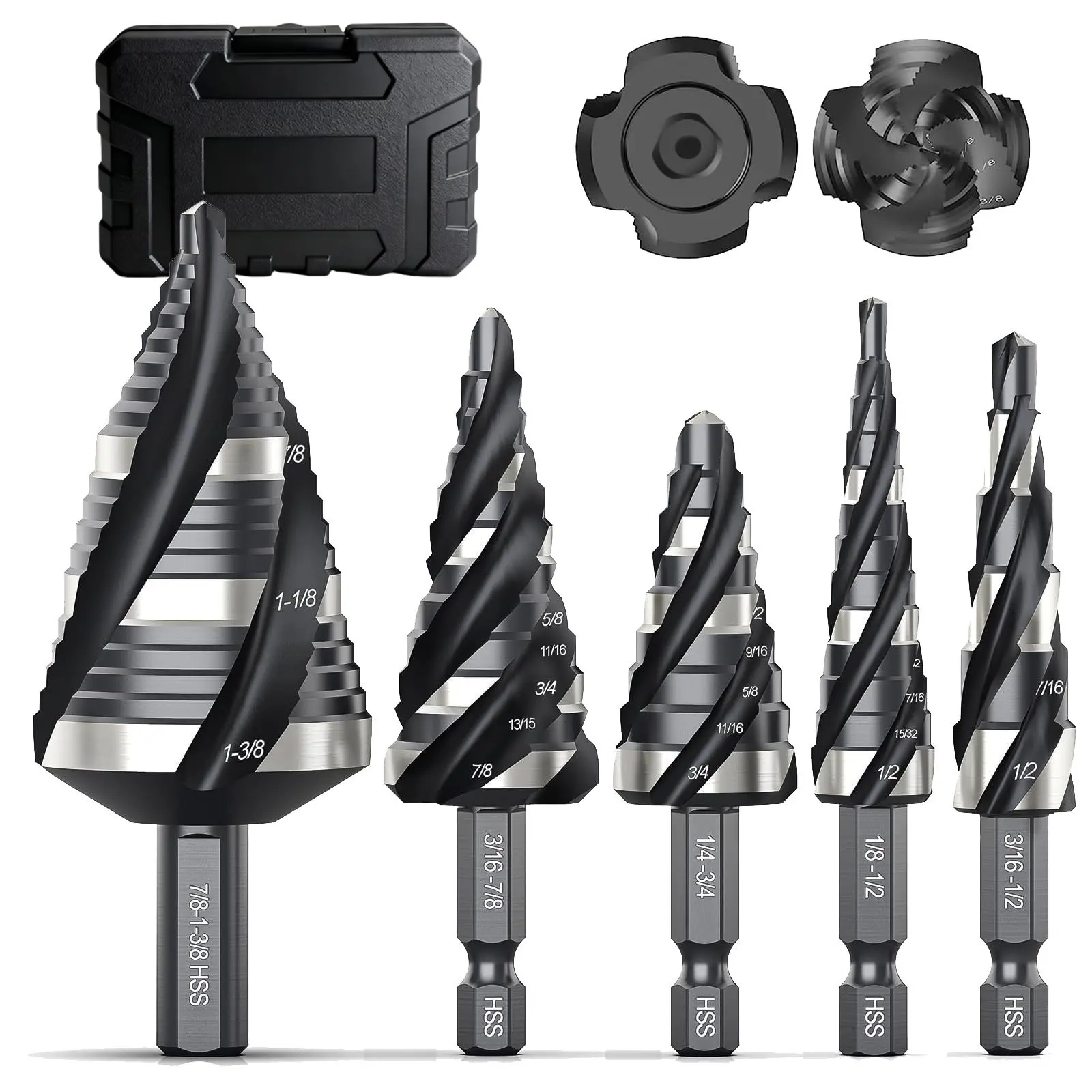 2026 Step Drill Bit Set, 5PCS Four Spiral Flute Step Bits for Metal, 50 Sizes Titanium-Coated HSS Drill Bits with 1/4" Hex Shank for Stainless Steel Aluminum Wood Plastic