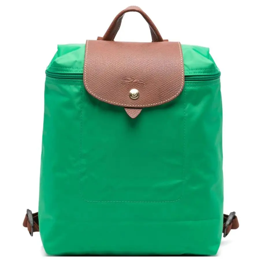 Longchamp Embossed Logo Adjustable Strap Backpack with Gold Hardware, Zip Closure, Nylon Canvas – Women’s Green