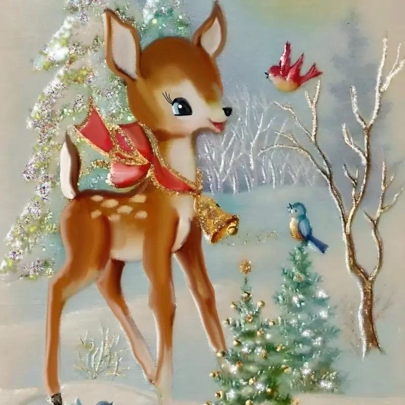 2card+2envelope Vintage Style Deer Christmas Card Glitter Holiday Greeting, Blank Card