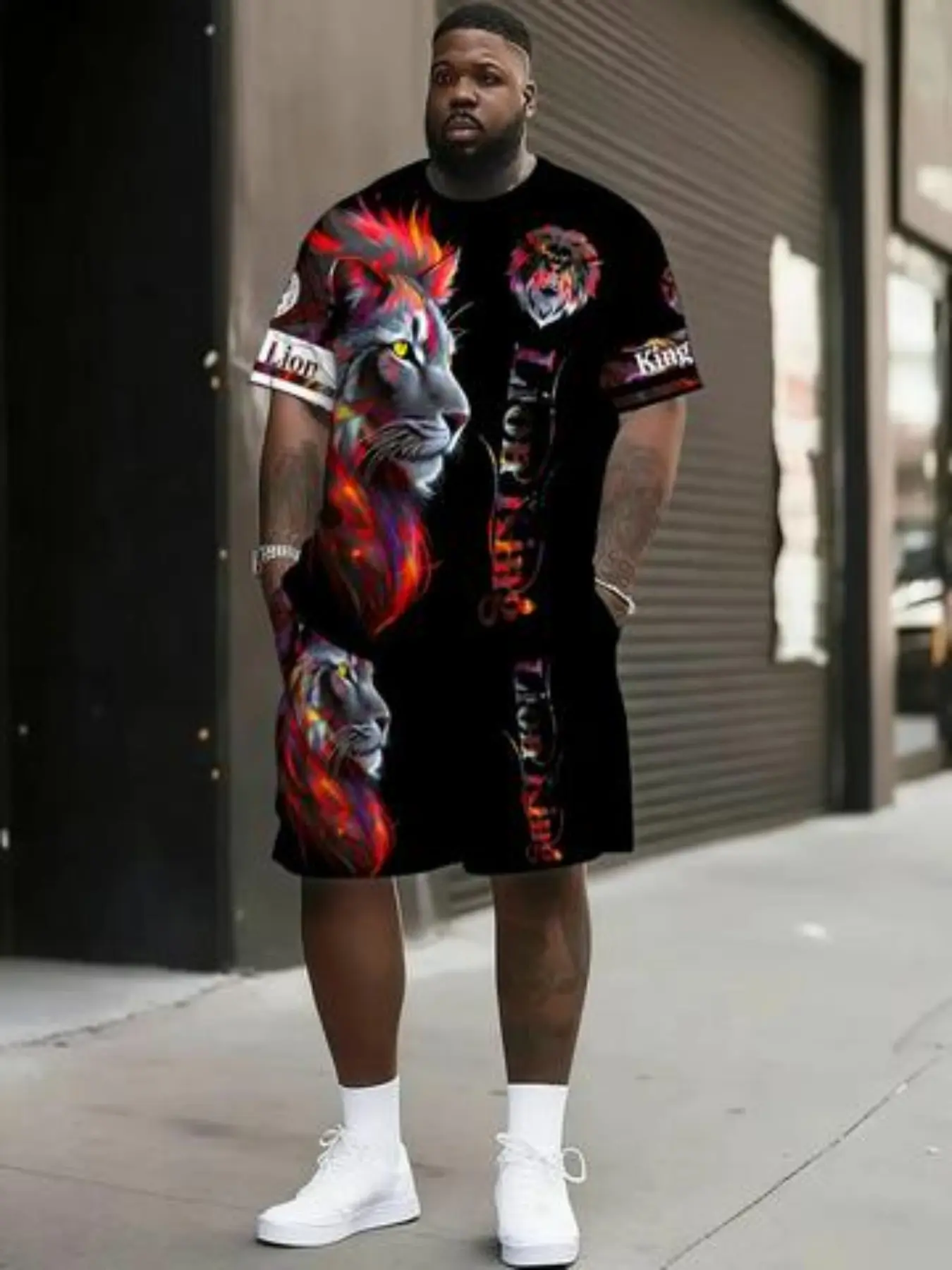 Men's Large Size Lion 3D Print Suit Set, Trendy Round Neck Short Sleeve Shorts Two-Piece, Casual Geometric Pattern Summer Wear Menswear Shorts Matching Set
