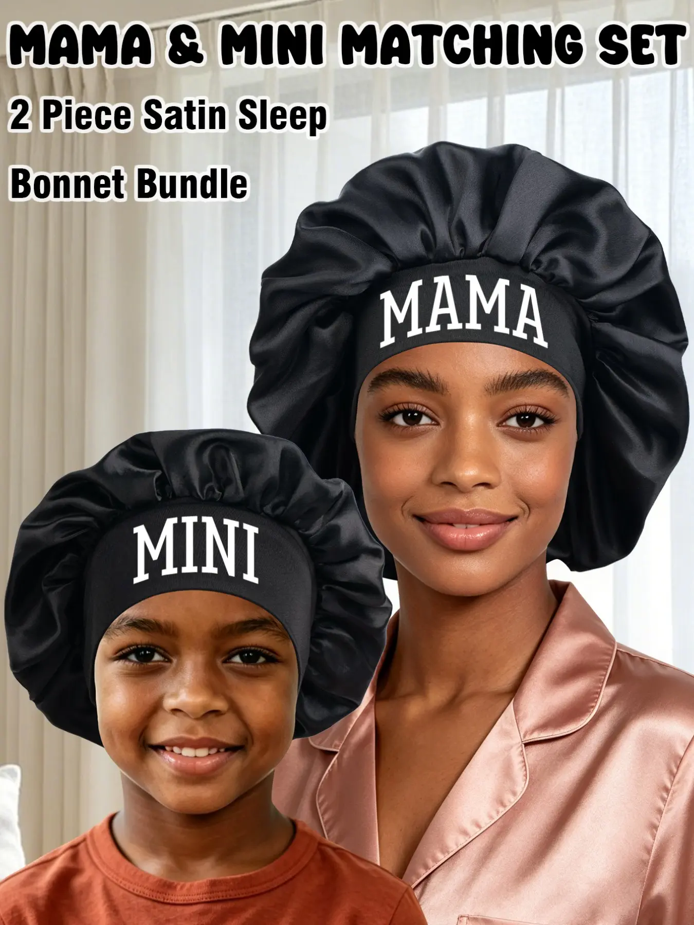 Mama & Mini Satin Sleep Cap Set, 2-Piece Sleep Hat Bath Cap, Soft Comfortable, Daily Use, Mommy and Me Matching Caps
