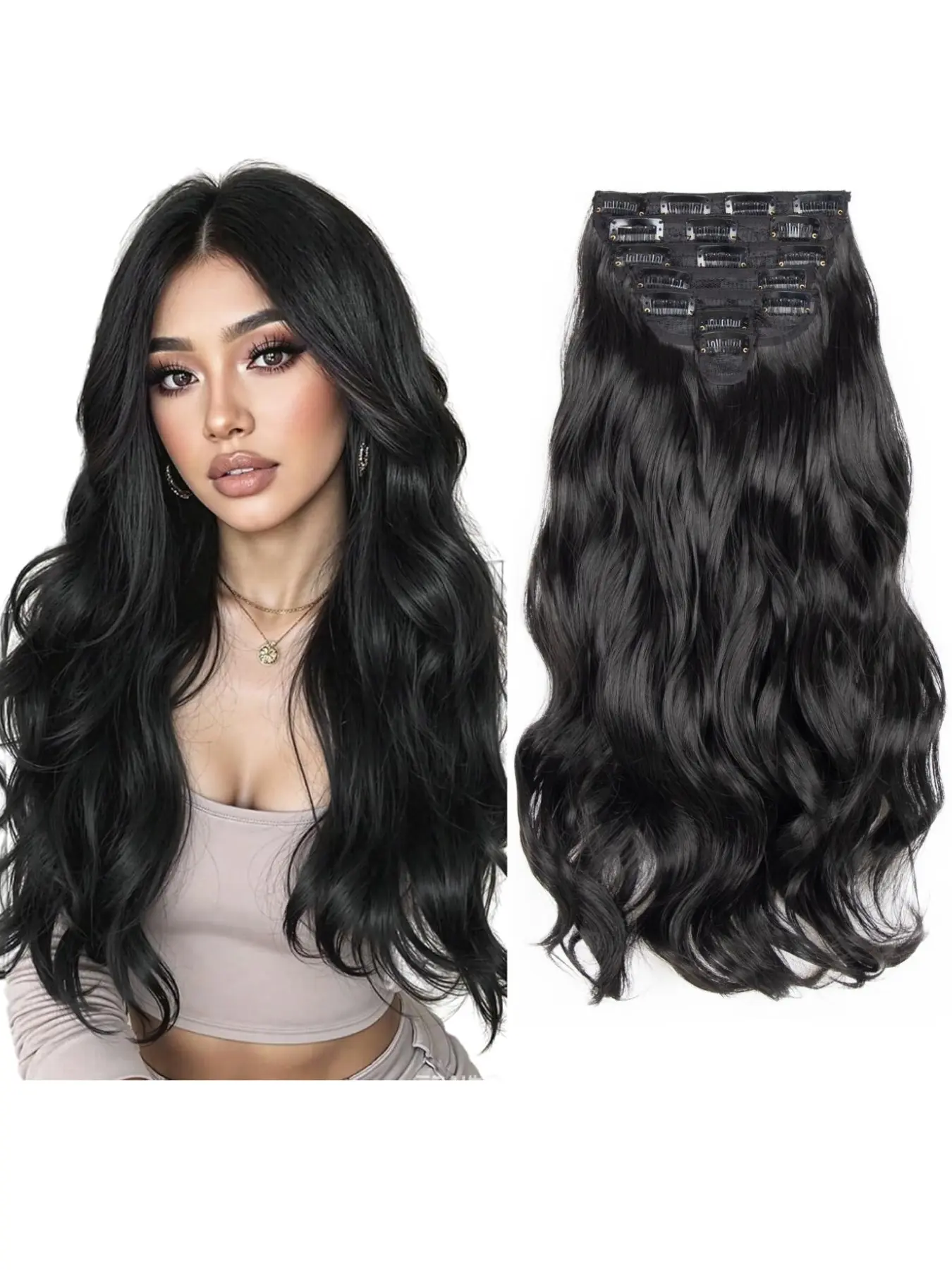 Clip in Long Wavy Synthetic Hair Extensions, 18 Inch, 7PCS Thick Hairpieces, Heat Resistant Fiber Double Weft Hair for Women