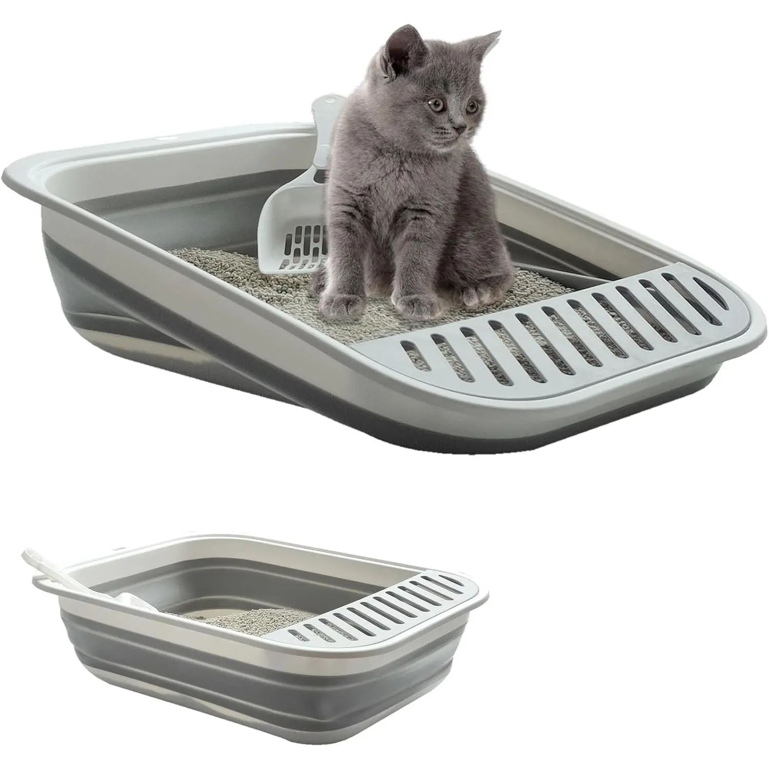 Low Entry Kitten Litter Box, Collapsible Shallow Litter Box Senior Cats Anti-Splashing Kitty Training Open Potty Pan Scoop Leak-Proof Pedal Cat Toilet No Smell Easy Clean