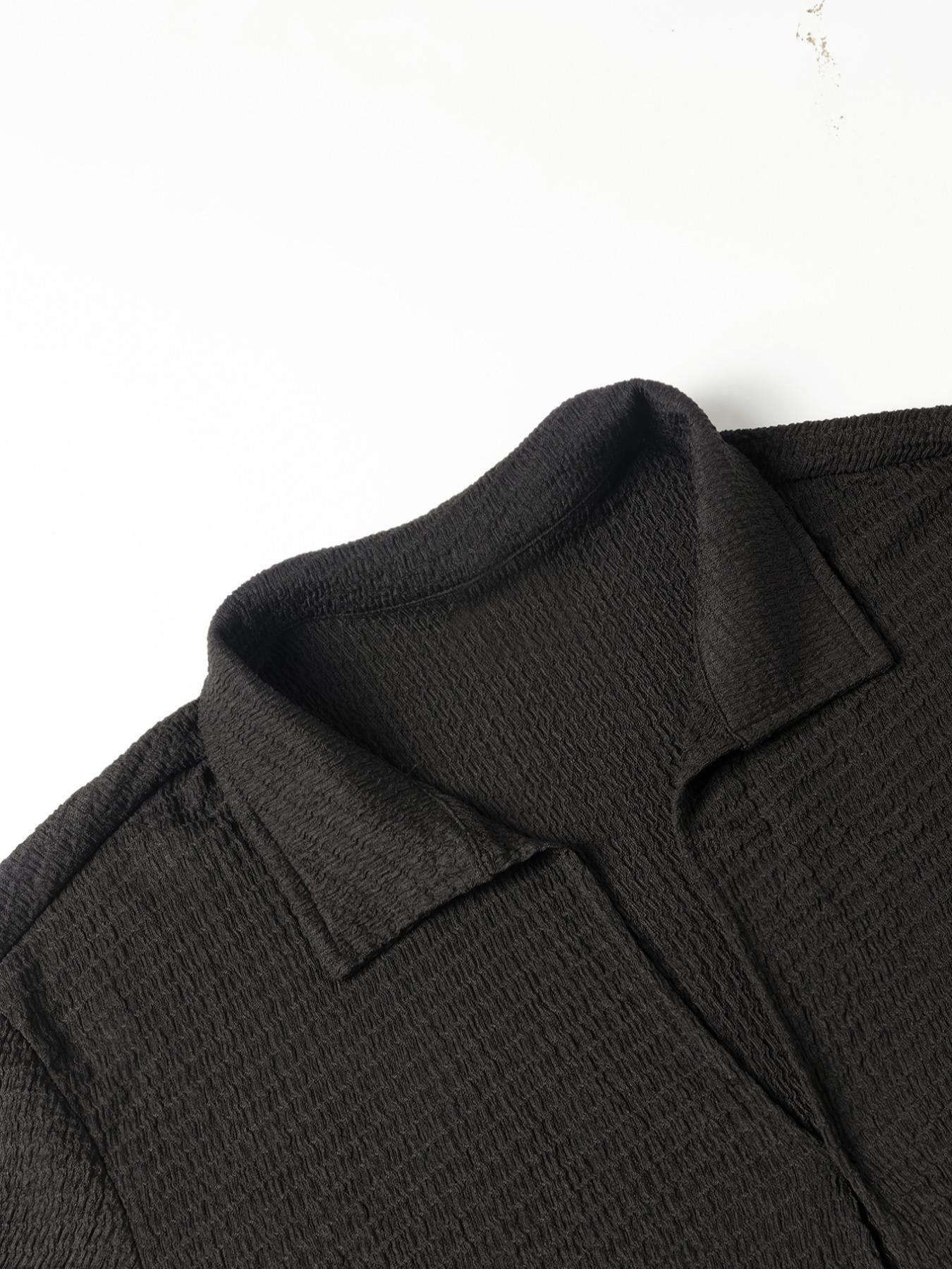 Men's Solid Jacquard Collared Blouse & Drawstring Pocket Pants Set, Casual Regular Fit Half Sleeve Top & Elastic Waist Trousers for Spring & Summer, Men's Clothes