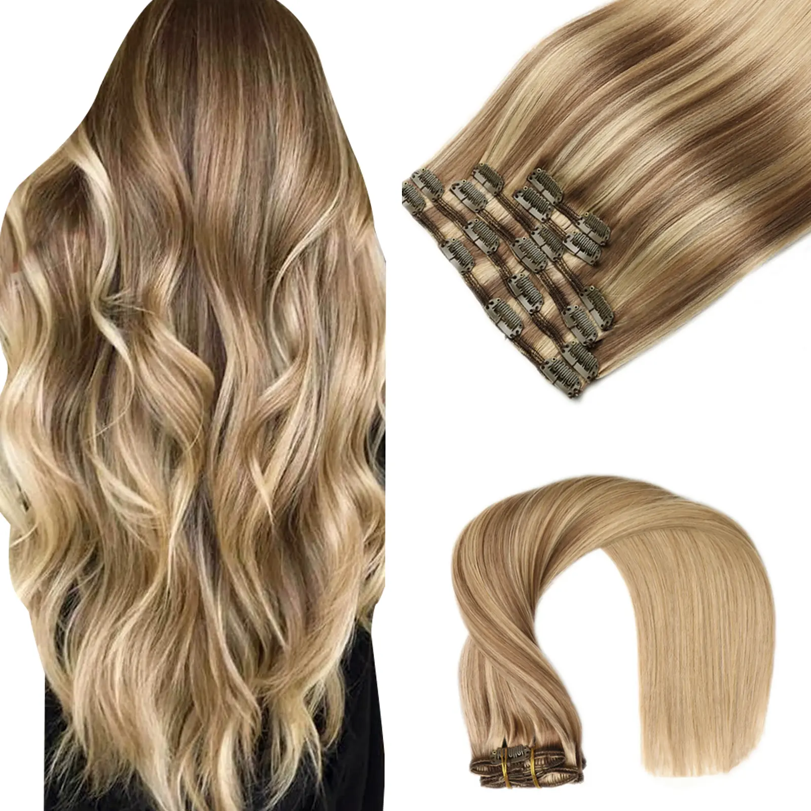 VINBAO Remy Quality Clip-in Human Hair Extensions, Balayage Light Brown to Caramel Blonde #10/16/16, 14-22in, 100-120g, 6pcs Straight Thick Strands Hair Extension