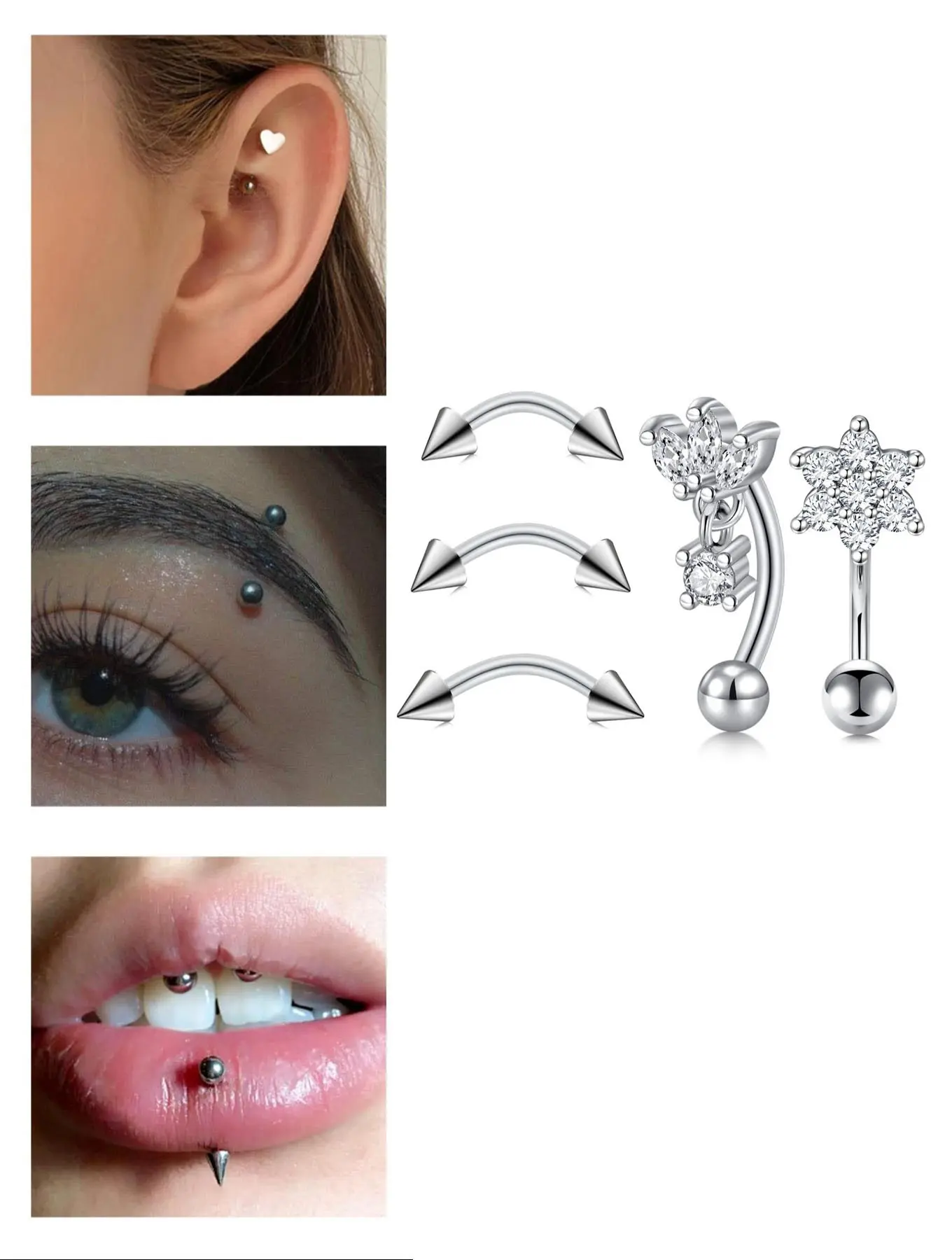 Rook Eyebrow Ring Piercing Jewelry, Curved Barbell Tiny Vertical Labret Lip Jewelry, Ear Navel Small Belly Button Ring, 16g Bar, Flat Pierced Jewelry, Chic Body Jewelry, Body Piercings