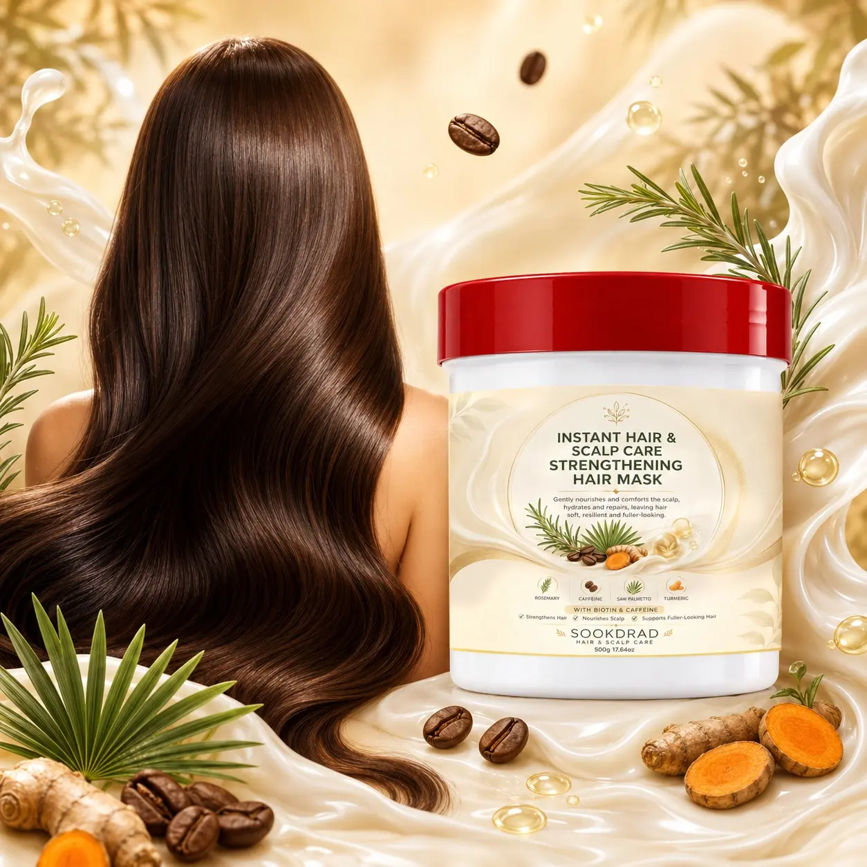 Instant Hair & Scalp Care Strengthening Hair Mask, with Rosemary, Caffeine, Saw Palmetto, Turmeric, Biotin, nourish scalp, hydrate, repair hair, make hair soft, resilient, fuller-looking, 17.64oz,
