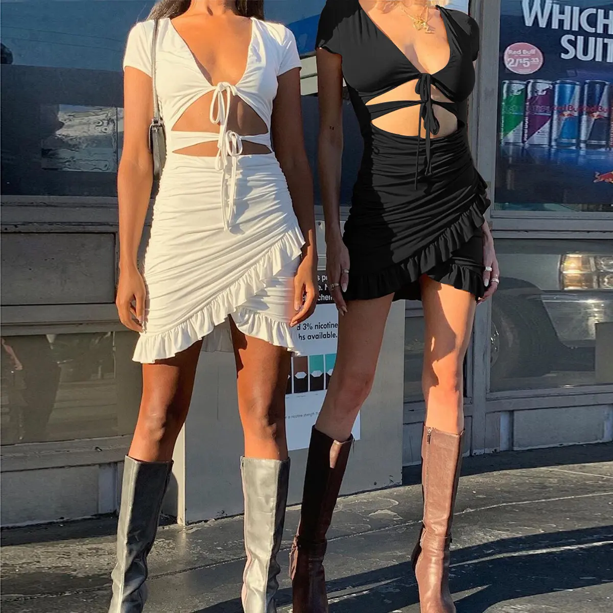 Women Deep V Neck Cutout Tie Front Mini Dress, Ruffle Hem Ruched Bodycon Short Dress Party Club Night Out Dresses