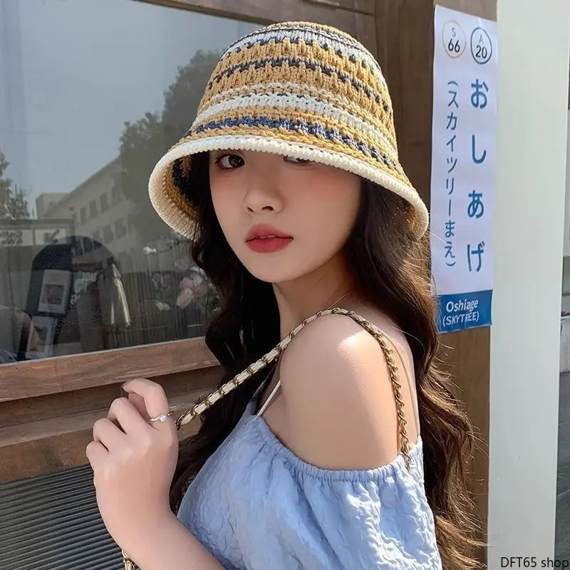 Hollow Knit Bucket Hat for Women, Casual Summer Sun Hat with a Wide Curved Brim, Lightweight and Breathable for UV Protection, Bucket Shape, Female Hat