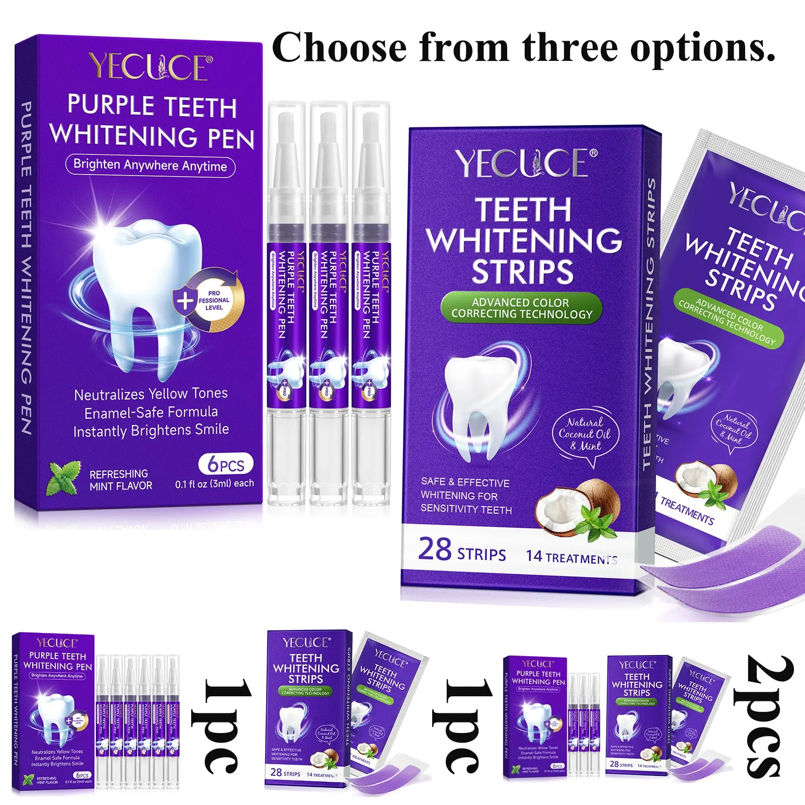 YECUCE Purple Teeth Brightening Collection, Teeth Whitener – 3 Options: 6 Brightening Pens, 28 Strips, Pen+Strips Set. Purple Neutralizes Yellow Tones, Enamel-Safe Formula, Refreshing Mint Flavor, Brightens Your Smile