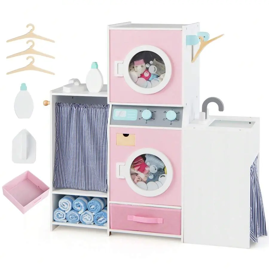 Wooden Kids Laundry Playset Pretend Toy Washing Machine W/ Clothes Hangers