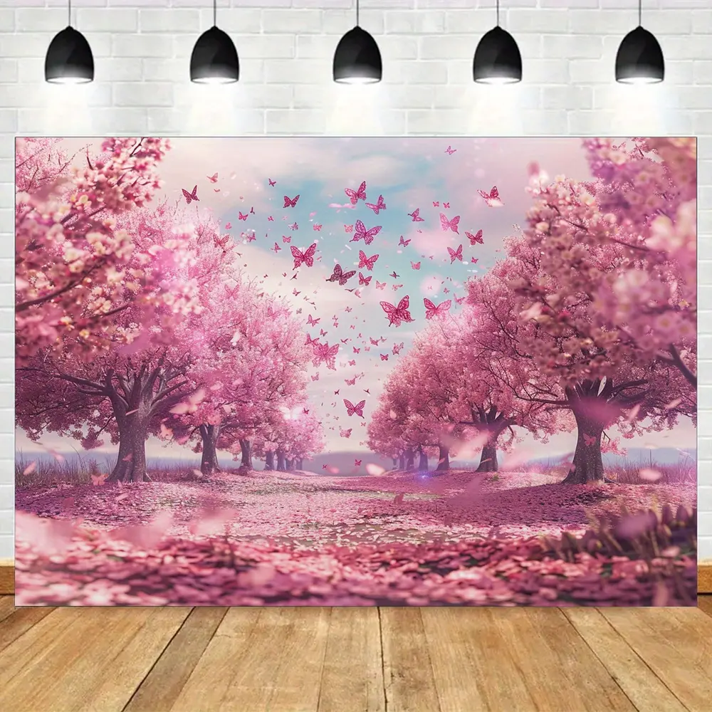 2D Flat Cherry Blossom Flower Photo Backdrop Set - Durable Polyester Pink Floral Banner with Butterflies, Folded for Shipping, Birthday-Themed Festive Backdrops & Banners for Studio, Garages Decorations