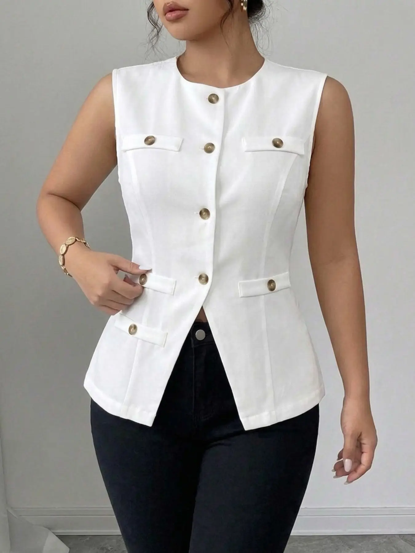 Women's Plus Size Sleeveless Belted Vest with Buttons, Professional Office Wear, Casual Social, Daily Fashion
