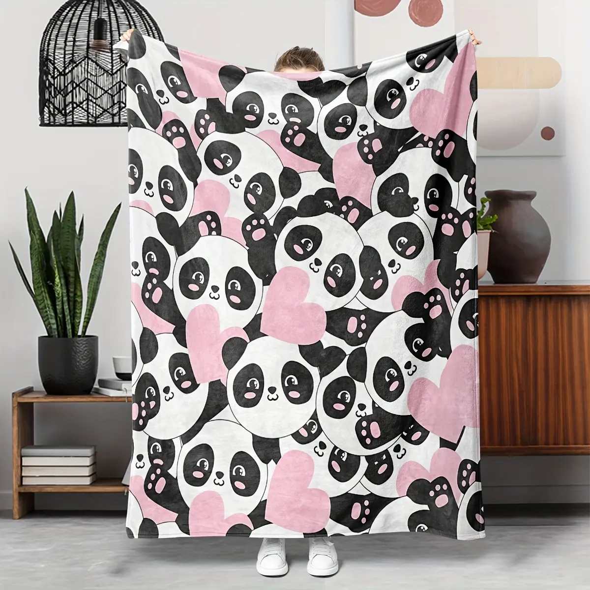 1pc Flannel Blanket, Cute Cartoon Print Pink Panda Gift Blanket, Soft, Warm, And Comfortable for Sofa, Bed, Or Office Use, Small Throw Blanket, Nap Blanket, Perfect for Halloween And Christmas Gifts, Bedroom Blanket