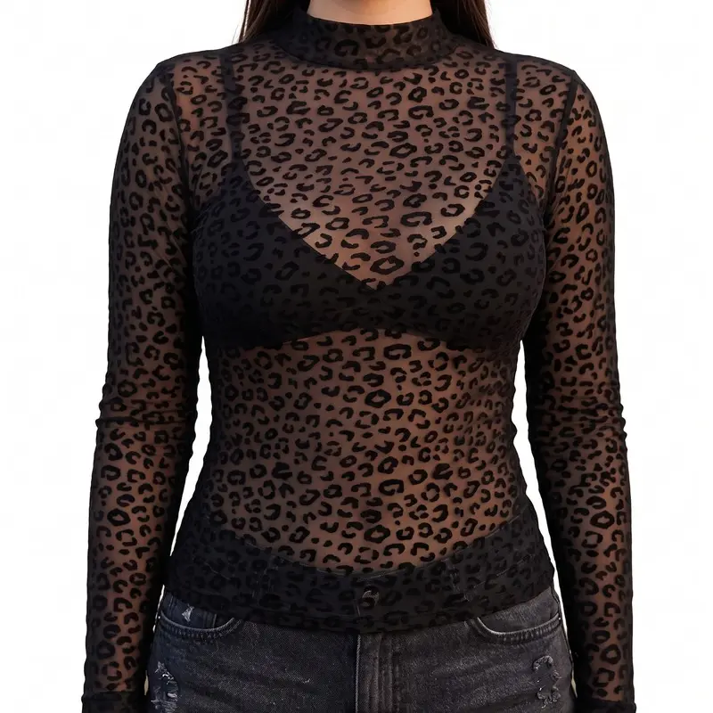 Women's Polyester Long-Sleeve Sheer Leopard Print Mock Neck Blouse - Stylish Clothes for Fall Layered or Stand-Alone Outfits, Longsleeves