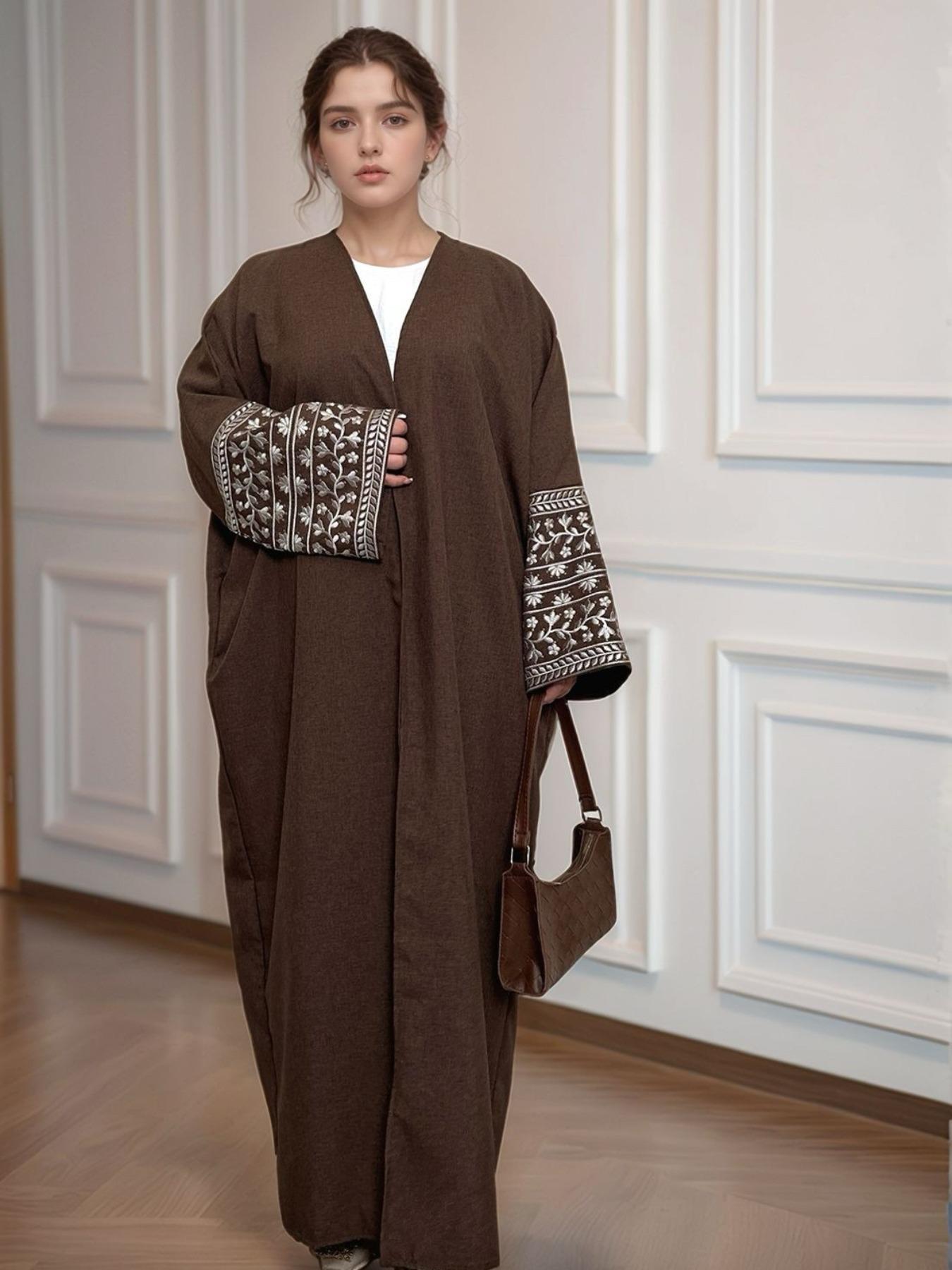 Women's Floral Embroidery Ethnic Pattern Open Abaya Cardigan with Pocket Round Neck Batwing Dress, Casual Modesty Long Sleeve Long Dress for Daily Wear, Modesty Muslim Clothing, Women's Islamic Clothing for All Seasons