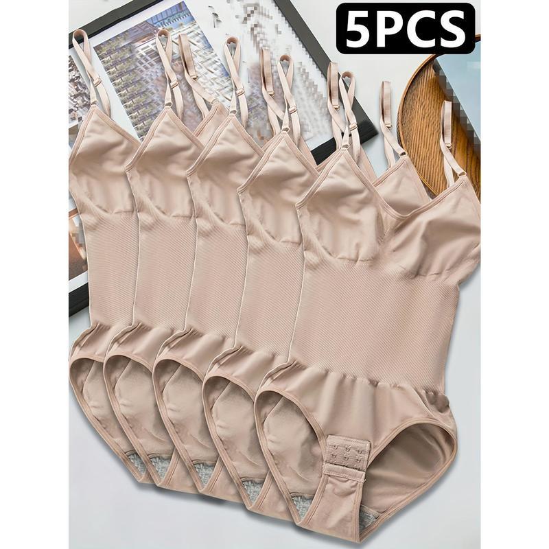 5pcs Women's Seamless Shapewear Bodysuit with Abdominal Compression & Hip Lifting - Tummy Control, No Padding, Stretchy Nylon-Spandex Blend, Black/Brown/White/Beige/Navy Blue, for Travel & Casual Attire, Comfort Undergarment |           Closefitting Sha