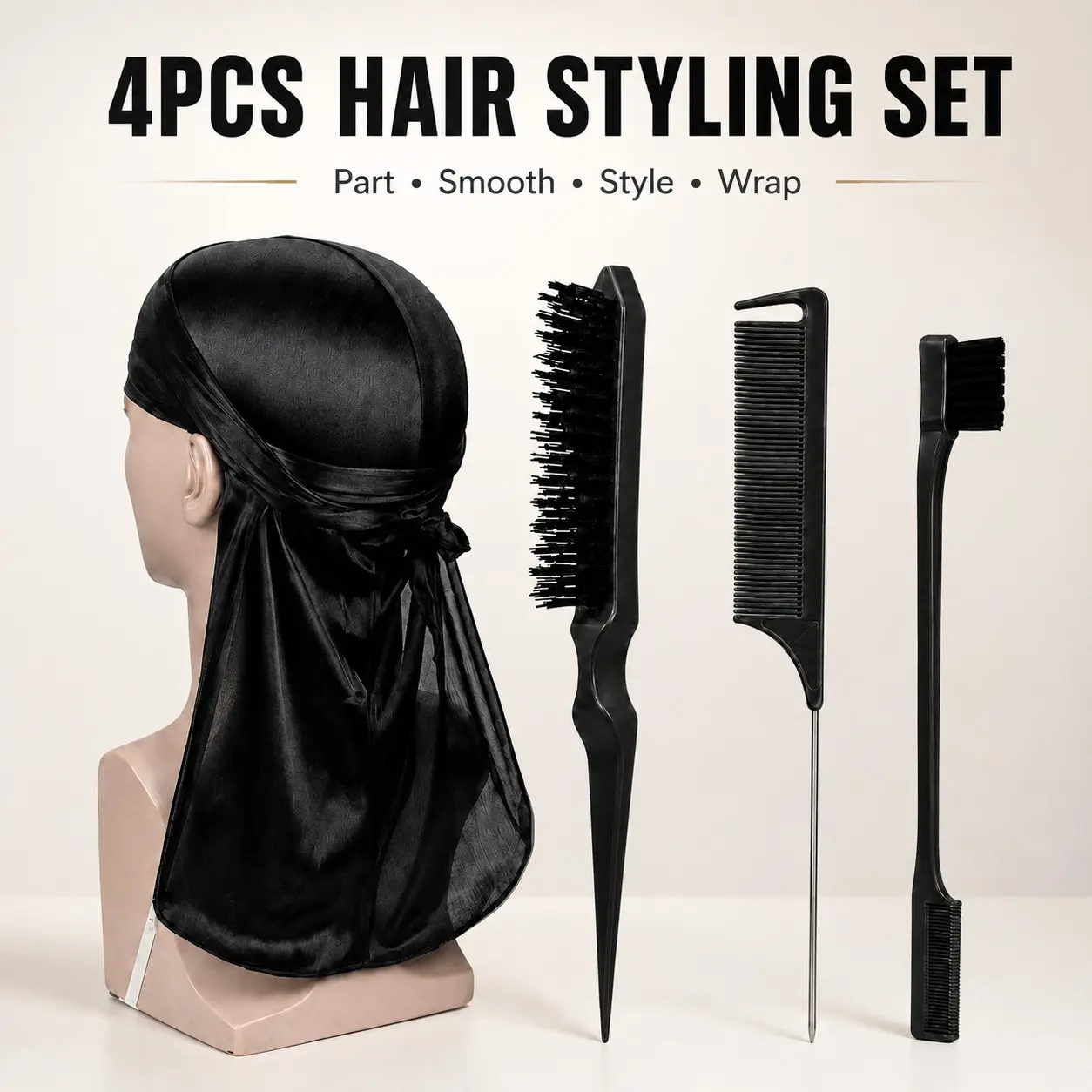 4PCS Hair Styling & Durag Set with Versatile Use, Styling Brush, Rat Tail Comb & Edge Brush for Sleek Edges, Clean Parting, Braids, Ponytails, Waves & Everyday Hair Styling Routine