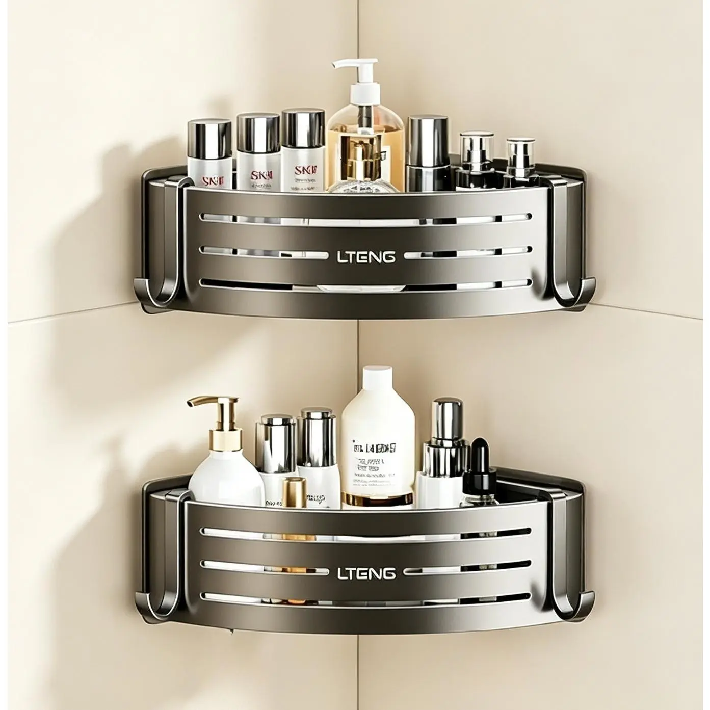 Minimalist Double-Layer No-Drill Bathroom Corner Storage Rack, Wall-Mounted Triangle-Shape Shower Caddy with Hooks, Compact-Fit Aluminum Organizer for Saving Shower Space