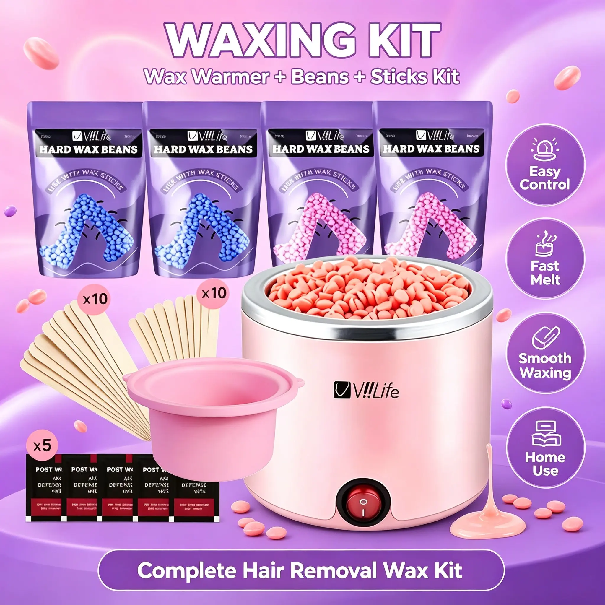 Viilife Wax Heater Depilation Kit, Easy-To-Use for Beginners, Includes Hard Wax Beans, Silicone Bowl, Wax Sticks, Wet Wipes, Pain-Free Body Hair Removal