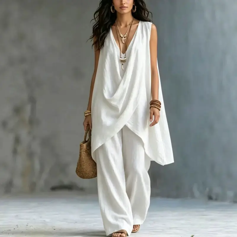 Women's 2-Piece Outfit in Solid Cotton Linen, Elegant Sleeveless Stand Collar Top and Wide Leg Trousers, Basic, Casual, Women's Clothes, European Retro, Women 2 Piece Sets, Plus Size 2 Piece Sets