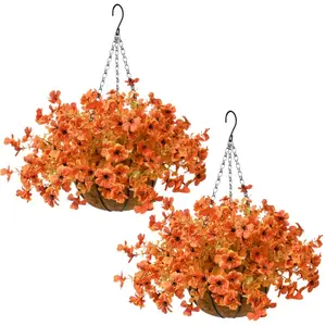 Autumn Hues Hanging Basket with Faux Daisies, UV Resistant Fall Outdoor Decor for Porch & Patio in Red, Orange and Yellow