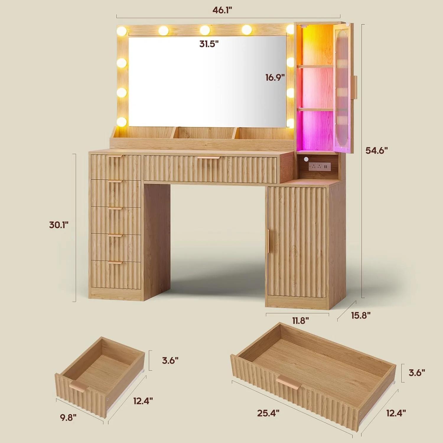 Fluted Makeup Vanity with Charging Station and RGB Lights Oak