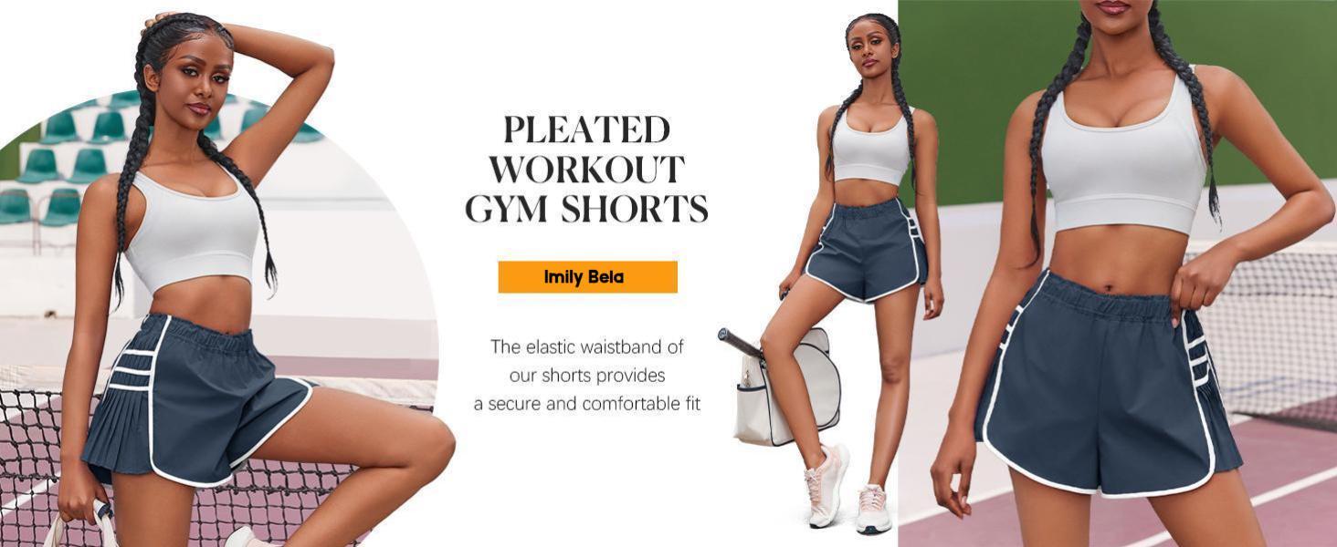 Imily Bela Womens Workout Gym Shorts Running Pleated Contrast Stitch Elastic Waist Athletic Quick Dry Shorts