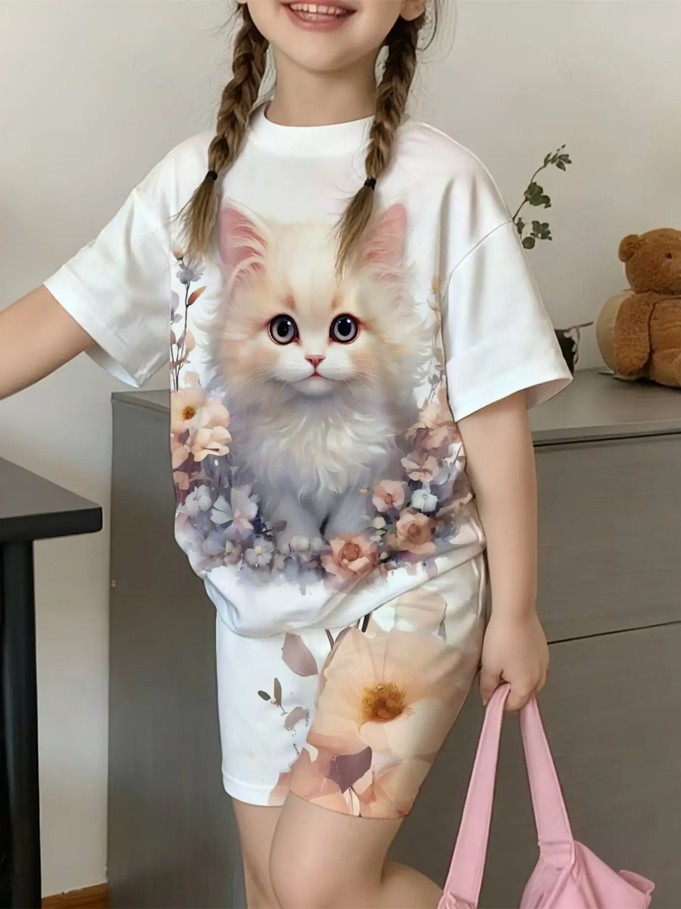 Kids Girls Dreamy Pastel Floral Kitten Tee & Stretch Biker Shorts 2 Piece Set, Soft Casual Active Outfit For Miami Beach Holiday & Summer Lake Camping, NYC & Dallas Hot Selling Toddler Girls Tight Short Suit