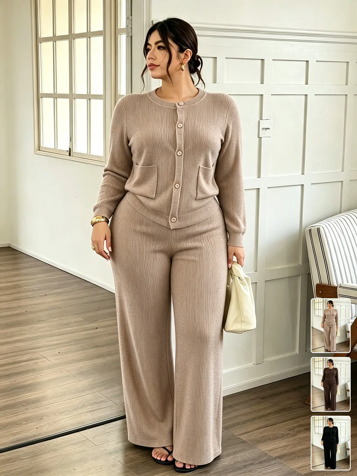 Plus Size Ribbed Knit Cardigan & Wide Leg Pants 2 Piece Set, Casual Loungewear Sets, Button Down Pocket Loungewear, Multiple Colors Available, Soft Stretchy & Curvy Friendly, Ideal for Sleepwear, Daily Street Look, Casual Walks