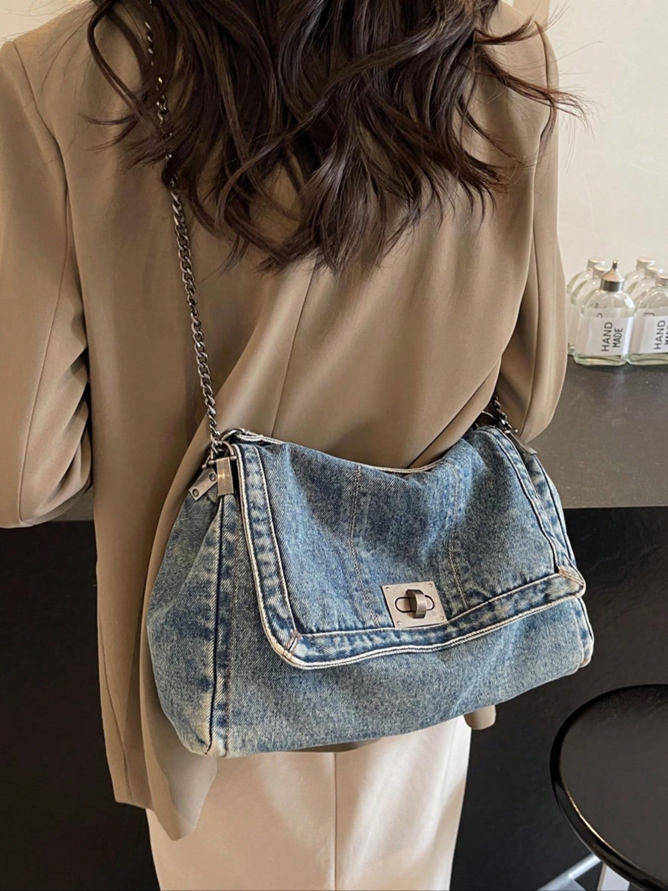 2026 Denim Bag Chain Shoulder Bag Women's Fashion Commuting Work Underarm Bag Vintage Texture Travel Handbag