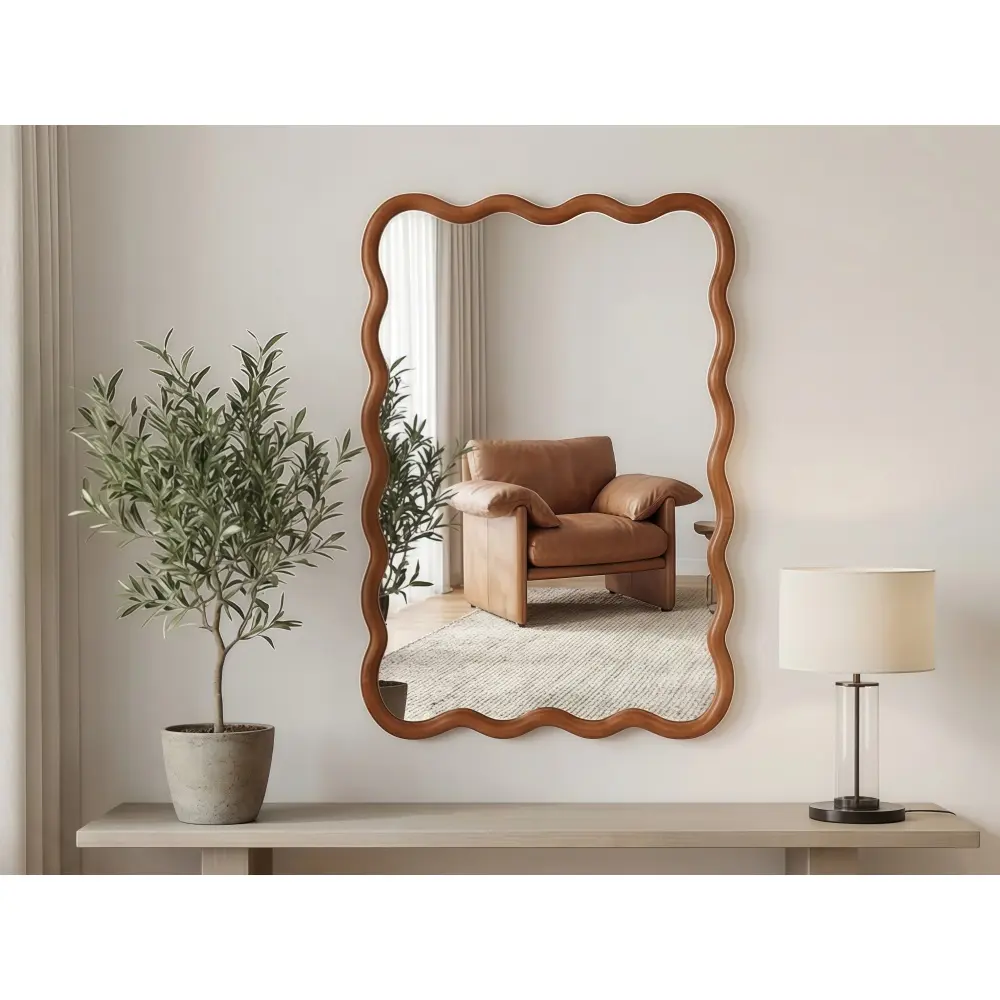 Littleox Yellowish Brown 20"x30" Wavy Rectangle Solid Wood Frame Decorative Mirror,For Bedroom, Bathroom, Living Room, Entryway
