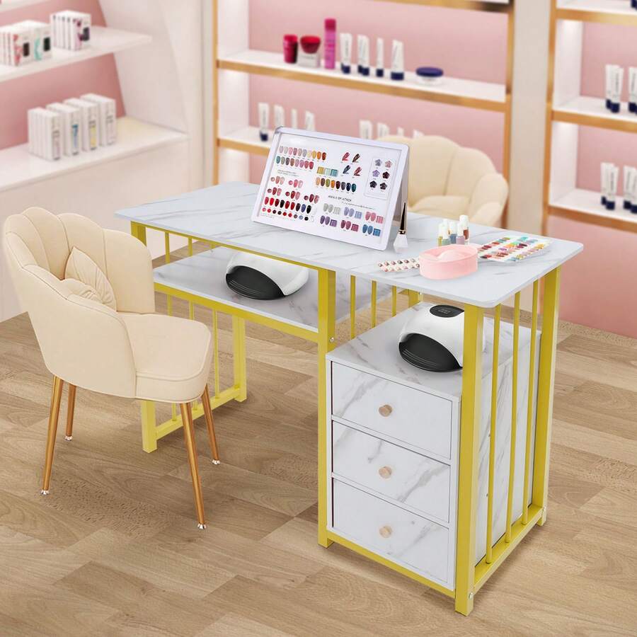 Marbling Texture Manicure Table with 3 Drawers, Multifunctional Nail Tech Desk for Home & Salon Use, Portable Foldable Nail Station, Beauty Salon Equipment for Nail Salons, Offices & Living Rooms