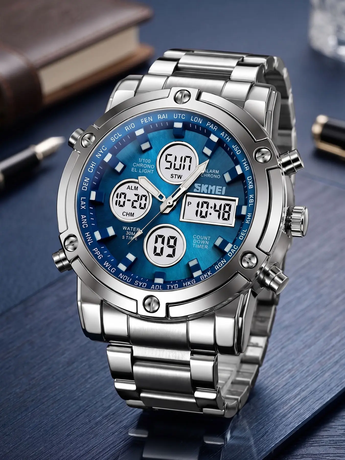 Skmei Men's Sport Waterproof Quartz Watch, Dual Movement Dial, Stainless Steel Strap, Calendar Night Light, Gift Box, Daily Wear