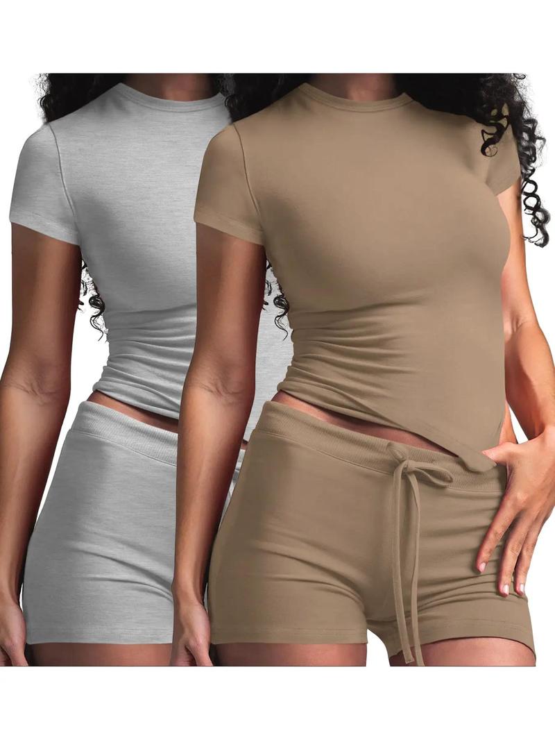 Women's Solid Color Modal Loungewear Two-piece Matching Set, Casual Comfy Minimalist Short Sleeve Round Neck Tee & Drawstring Waist Shorts Pj Set, Ladies Sleepwear for All Seasons, Shortsleeve Womenswear, Basic Pajama Set, Loungewear Pjs