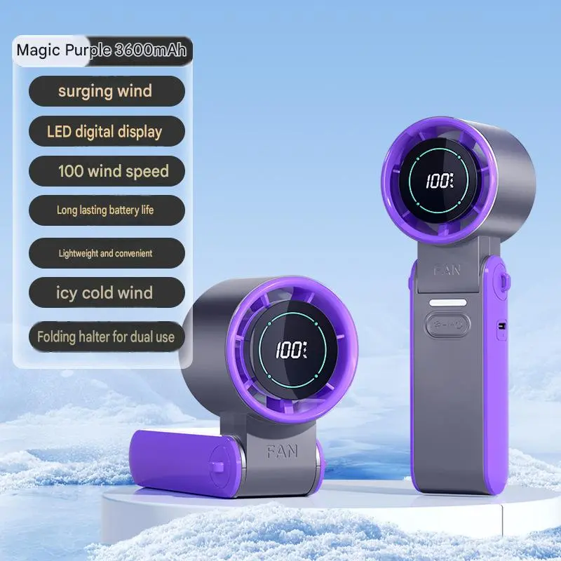High-speed cooling ice compress handheld fan, portable and foldable for outdoor use, small neck-hanging fan with digital display and stepless speed adjustment