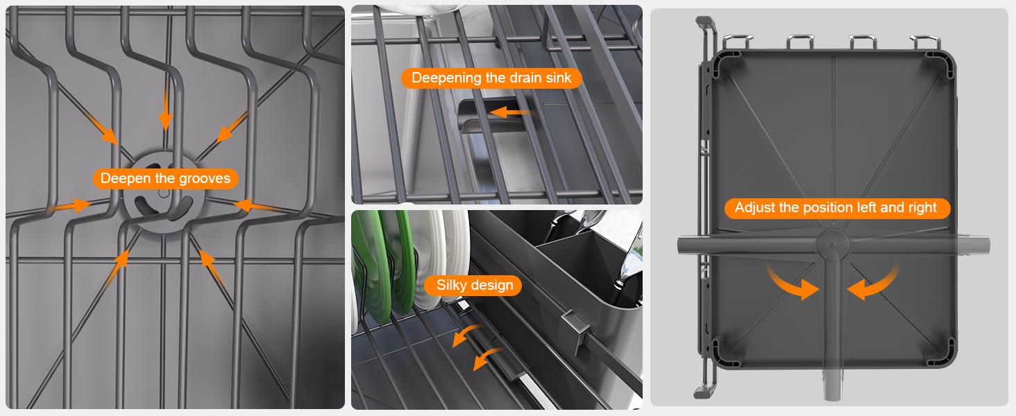 Dish Drying Rack - Expandable Dish Rack, Large Drying Dish Drainer Over Sink with Drainboard, Utensil Holder & Cup Holder, Stainless Dish Strainer for Counter, Black