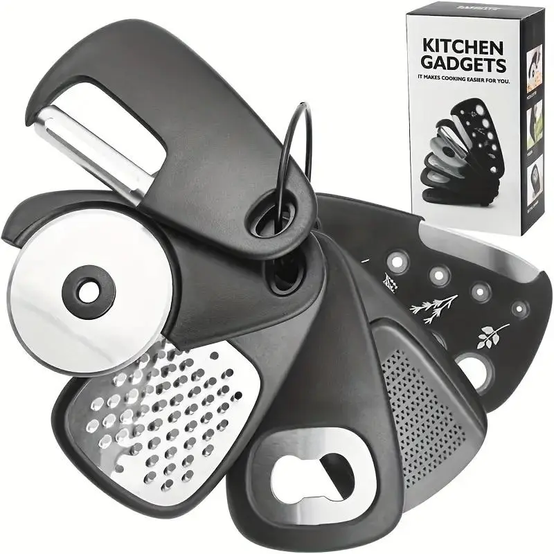 Kitchen Tool Set 6 Piece, Kitchen Gadgets, Stainless Steel Portable Kitchen Tools, Stackable Camping Accessories, Pizza Cutter, Peeler, Herb Stripper, Bottle Opener, Grater