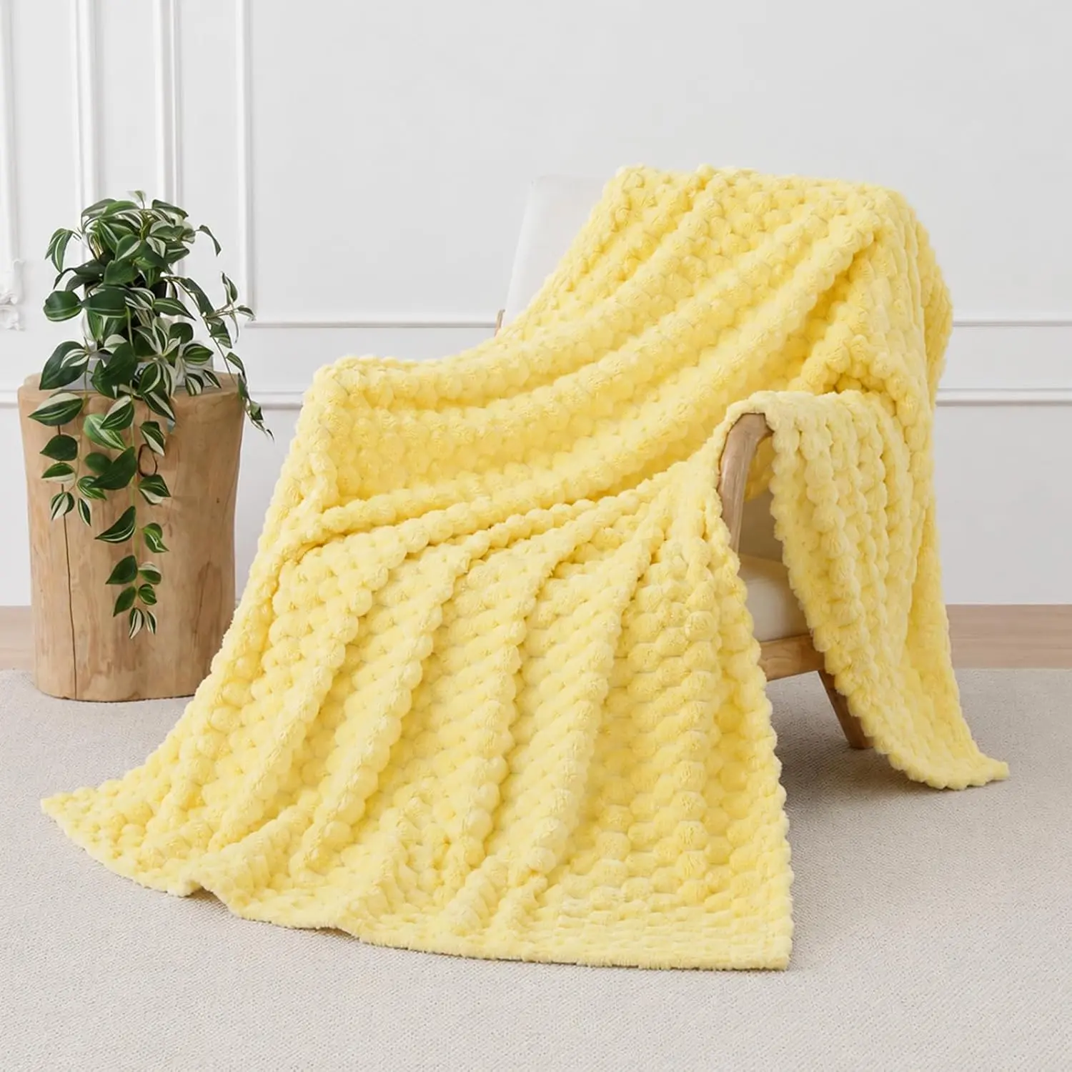 Bright Yellow Fleece Throw Blanket 50”×60” for Couch Sofa Bed | Super Soft Cozy Plush Microfiber Flannel Blanket with  Jacquard Lightweight for Mom Woman