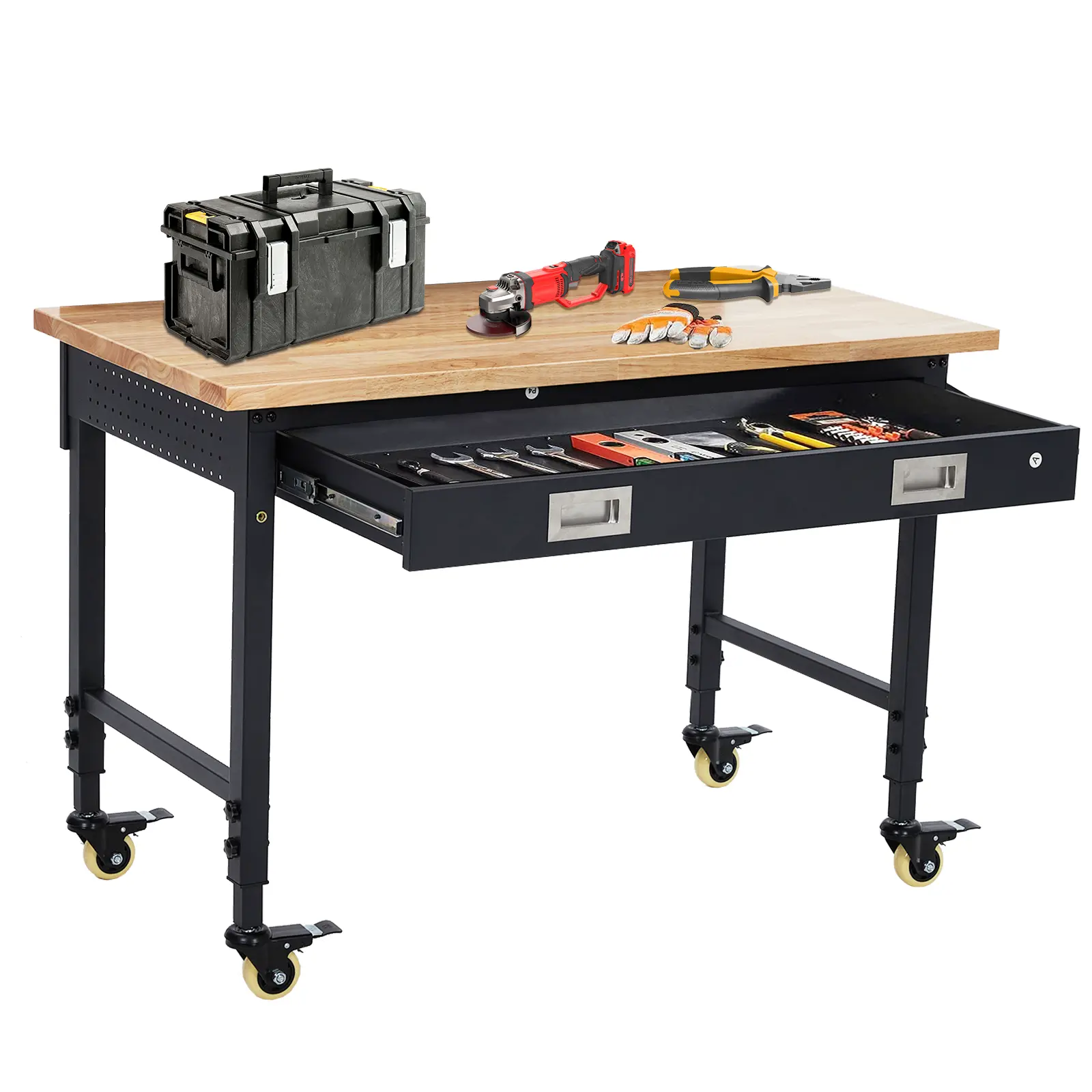 Work Bench 48Inch Work Table for Garage, Adjustable Height Workbench on Wheels, Rubberwood Tabletop for Woodworking Workshop, Workstation with 2000 LBS Heavy Loading, Power Outlet