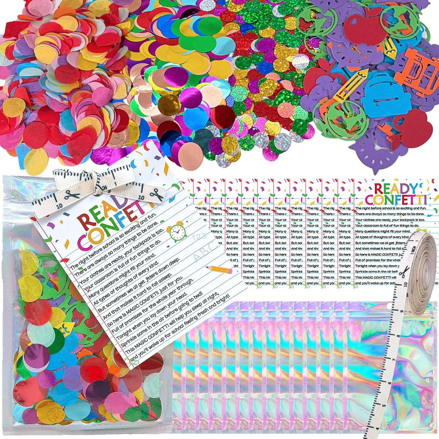 24 Sets Back to School Ready Confetti Celebration Table Confetti Kit with Paper Cards Ribbon Holographic Mylar Bags for First Day of School Teacher Appreciation Gifts Table Favor Decorations