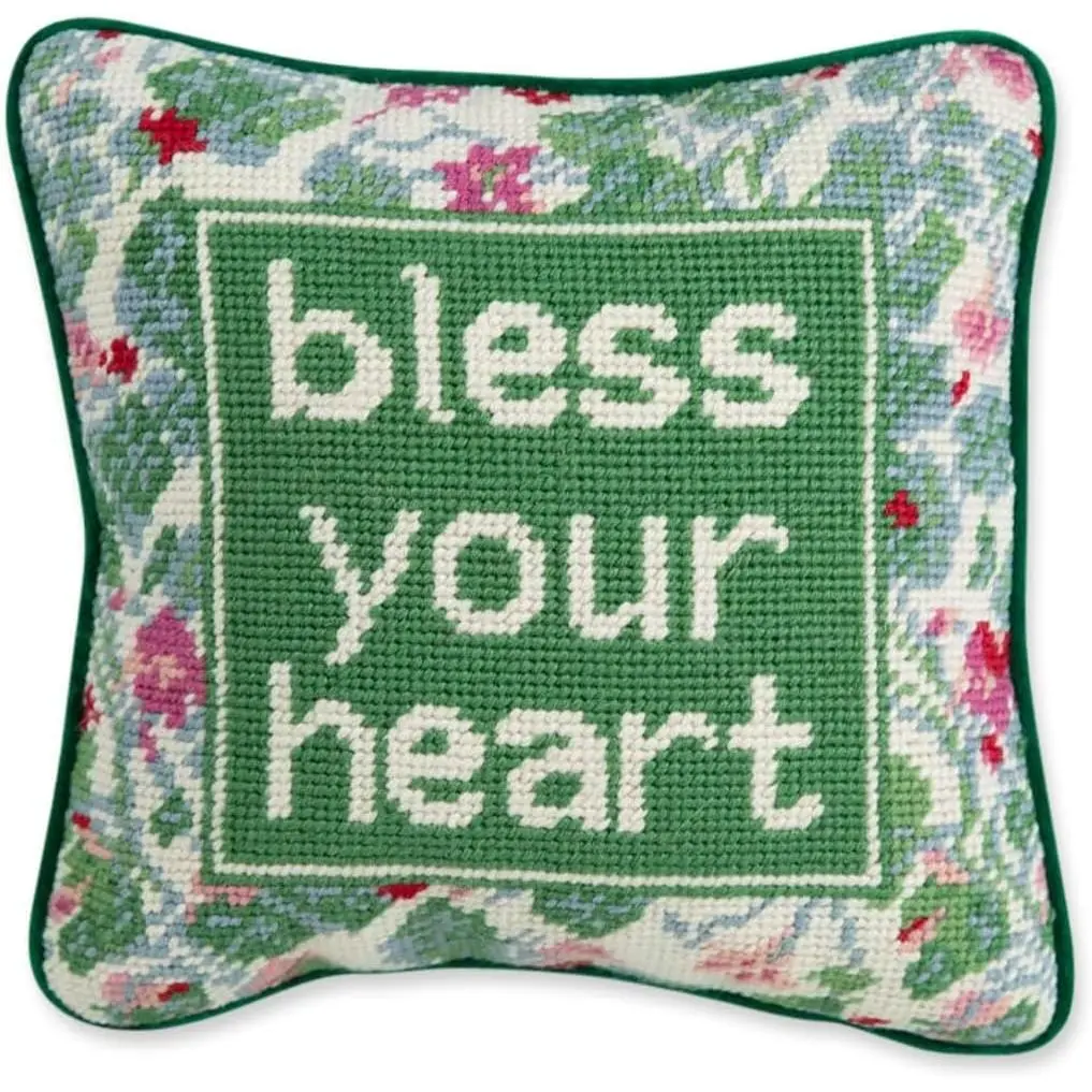 10” x 10” Beautifully Crafted Synthetic Embroidery Needlepoint Decorative Throw Pillow - Bless Your Heart, Small Accent Pillow for Bed, Chair - Cold Wash Friendly Home Soft Furnishing, Durable