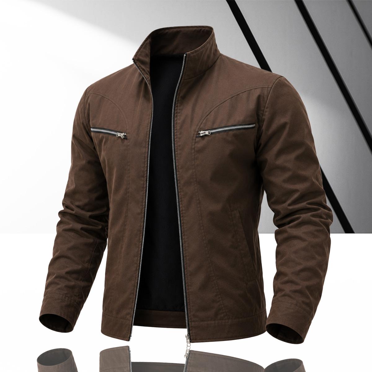 Men’s vintage-style brown work jacket made from durable woven fabric with neat stitching, featuring a classic stand collar and a clean silhouette that enhances a refined look-ideal for dates, office casual wear, and urban strolls.