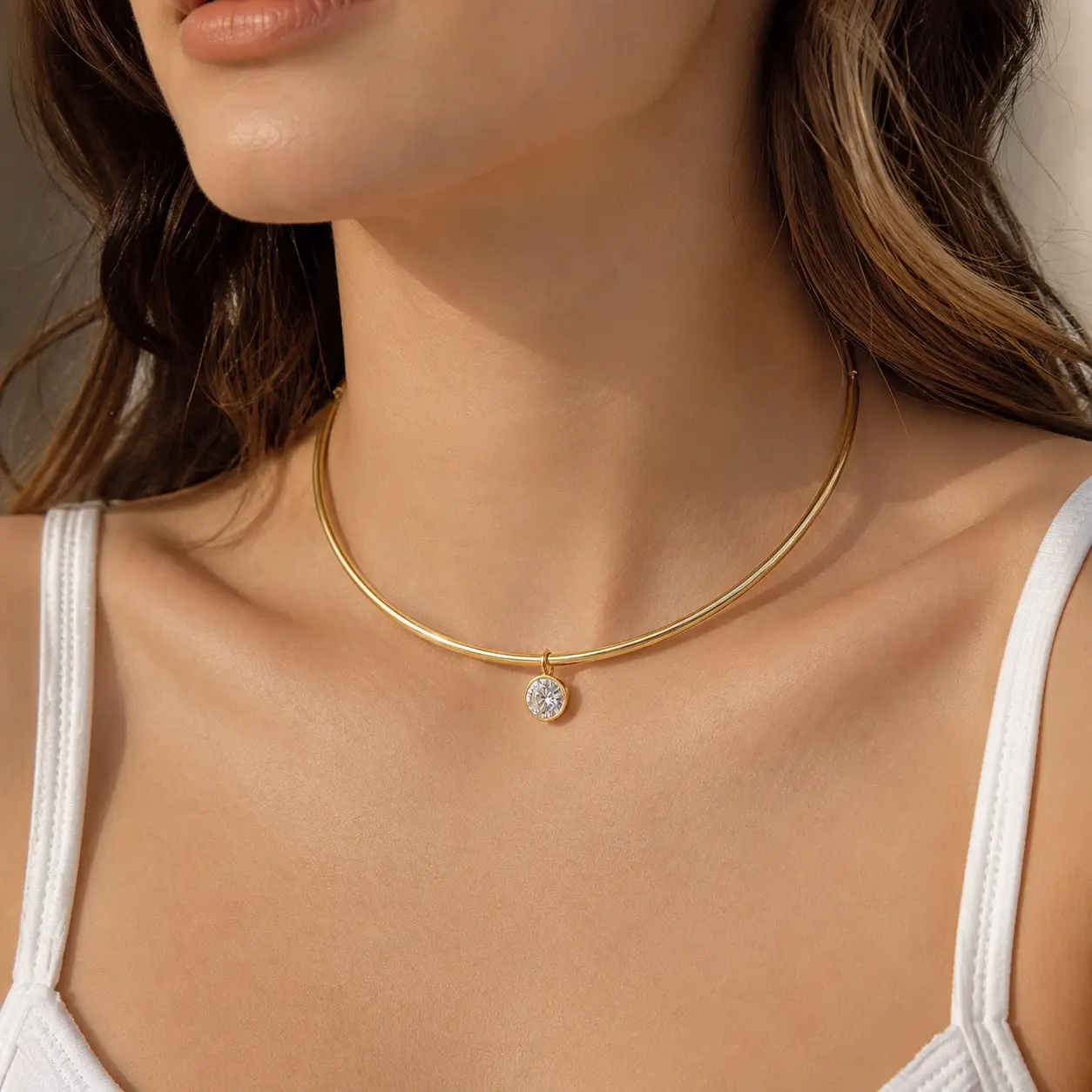 Women's Minimalist Stainless Steel Collar Choker Necklace - Gold, Silver Options with Cubic Zirconia Round, Teardrop, Rectangle Pendants, Fashion Costume Jewelry Accessory